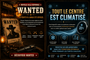 Affiche promotionnelle Enigma78 présentant la nouvelle salle Wanted et le centre entièrement climatisé