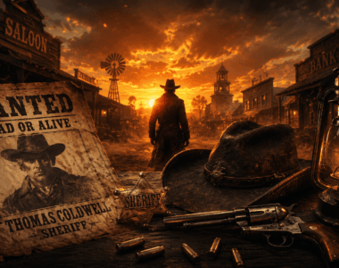 Affiche Wanted Avec Avis De Recherche Du Shérif Thomas Coldwell Dans Un Décor De Far West Au Coucher Du Soleil